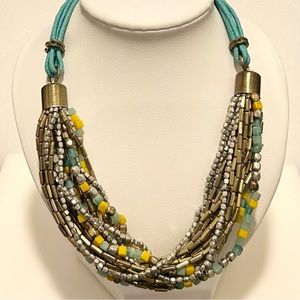 Vintage Kenneth Cole Multi-Strand Blue And Yellow Glass Beads On Cord 20”